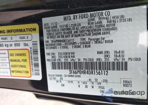 2013 Ford Fusion Se из США, поврежденный, VIN 3FA6P0HR4DR156112